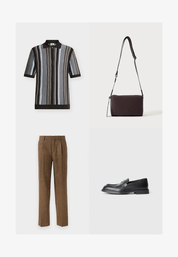 Polo en maille à manches courtes avec des rayures verticales noires, grises, beiges et bleu clair, avec un col noir et une fermeture éclair devant.; Pantalons à carreaux marron avec une coupe ample, présentant des plis à l'avant, un tissu à texture lisse et un design à jambes droites.; Mocassins en cuir noir avec une finition texturée, dotés d'une bride décorative à l'avant et d'un bout arrondi. Semelle en caoutchouc pour plus de durabilité.; Sac bandoulière en cuir marron foncé texturé avec une sangle réglable et un petit accent décoratif bleu sur le côté.