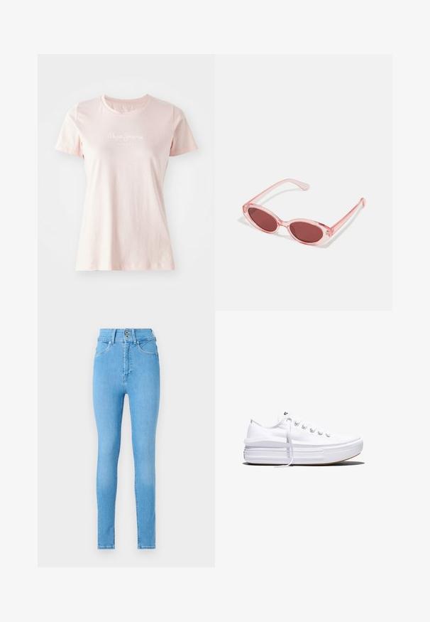 Camiseta de manga corta rosa claro hecha de algodón. Presenta un cuello redondo y el logo "Pepe Jeans London" en blanco en la parte frontal.; Jeans ajustados de mezclilla azul clara, diseño de cintura alta con cierre de dos botones, estilo de cinco bolsillos y textura suave.; Zapatilla blanca de lona de perfil bajo con suela gruesa de plataforma, cierre de cordones en el frente y puntera de goma texturizada, mostrada de perfil.; Gafas de sol transparentes rosas con lentes ovalados, tinte rojo oscuro y varillas delgadas, con un acabado suave y detalles sutiles en la montura.