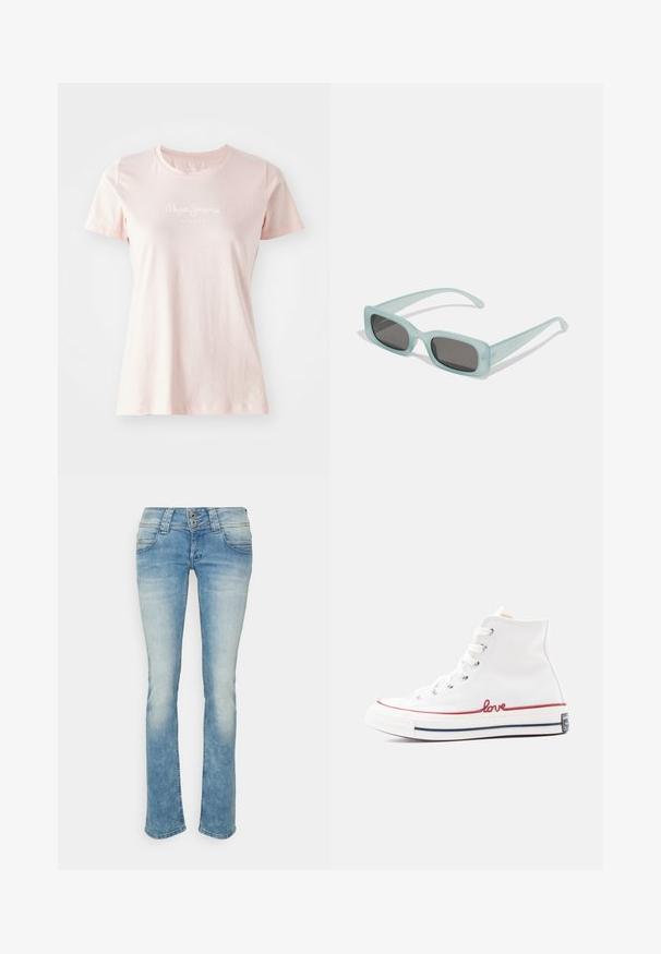 Camiseta de manga corta rosa claro hecha de algodón. Presenta un cuello redondo y el logo "Pepe Jeans London" en blanco en la parte frontal.; Los jeans de mezclilla de color azul claro presentan un corte recto, dos bolsillos frontales, un cierre de botón con dos botones y un acabado desvanecido.; Zapatillas de lona blancas de caña alta con bordado rojo que dice "love", puntera de goma y cordones tonales. Presentan una franja roja y azul marino en la suela.; Un par de gafas de sol rectangulares con montura translucida azul clara y lentes gris oscuro, que cuentan con patillas rectas y detalles de hardware mínimos.