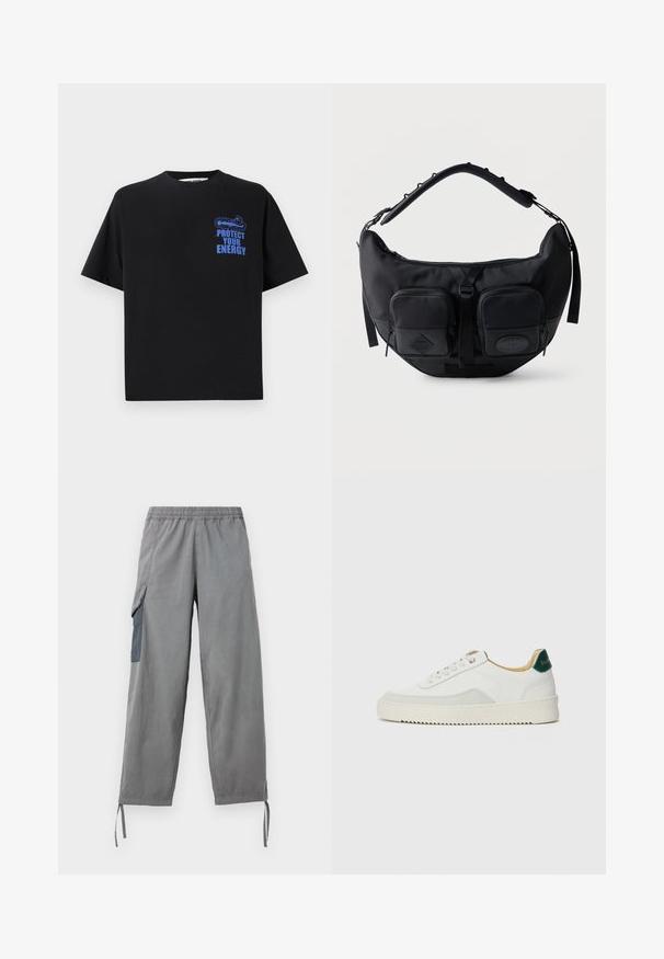 Sort bomulds t-shirt med korte ærmer, der har blå tekst "BESKYT DIN ENERGI" og et grafisk design på den øverste venstre side.; Grå letvægts cargo bukser med elastisk talje, sidelomme, justerbare bukseafslutninger og en glat tekstur.; Hvide sneakers med ruskindsdetaljer, rund tå, flade snørebånd og en cremet gummisål. Har grøn branding på hælen.; Sort skuldertaske i halvmåneform med polstret justerbar rem og to lynlåslommer foran med trækflapper.
