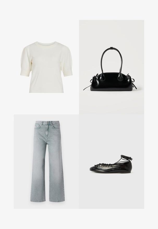 Witte, korte mouwen gebreide top met een ronde hals en puffmouwen. Glad oppervlak en aansluitende pasvorm, geschikt voor casual wear.; Lichtgrijze wijde jeans gemaakt van denim met een vervaagd uiterlijk. De jeans heeft vijf zakken, riemlussen en een sluiting met een knoop aan de voorkant.; Zwarte ballerina's van lakleer met een afgeronde neus, veterdesign en een platte zool. Glad oppervlak met minimale details.; Kleine zwarte glanzende handtas met twee lange hengsels en zijkant trekkoord details op een effen lichte achtergrond.