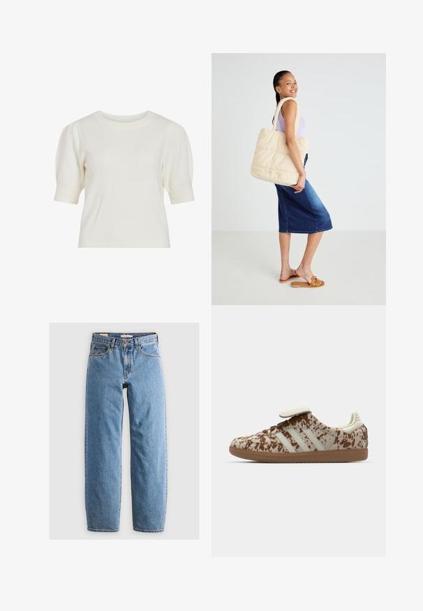 Weißes Kurzarm-Strickoberteil mit rundem Ausschnitt und Puffärmeln. Glatte Textur und figurbetonte Silhouette, geeignet für legere Anlässe.; Helleblaue Denim-Jeans mit geradem Bein, fünf Taschen, einem Reißverschluss und einer subtilen, verwitterten Textur. Klassisches Design mit minimalem Hardwareeinsatz.; Sneaker mit einem beigefarbenen und braun gesprenkelten Muster, mit drei weißen Streifen, einem Klettverschluss und einer braunen Gummisohle.; Gepäcktasche in Beige mit Steppung, dicken Griffen, geräumigem Design und weicher Textur, gehalten von einer Person, die ein helllila Oberteil und einen blauen Jeansrock trägt.