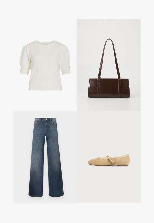 Witte, korte mouwen gebreide top met een ronde hals en puffmouwen. Glad oppervlak en aansluitende pasvorm, geschikt voor casual wear.; Brede denims met wijde pijpen in donkerblauw, met een verwasde afwerking, knoopsluiting en vijf-pocketstijl. Gladde textuur, minimale stikseldetails.; Beige platte schoen met een zachte bontvoering, een afgeronde neus en een verstelbare band met een zilveren gesp aan de zijkant.; Bruine lakleren handtas met een rechthoekige vorm, twee lange handvatten en subtiele gebogen accenten aan de voorkant.