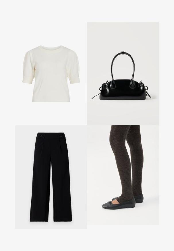 Witte, korte mouwen gebreide top met een ronde hals en puffmouwen. Glad oppervlak en aansluitende pasvorm, geschikt voor casual wear.; Zwarte wijde broek met een vlakke voorzijde, zijzakken en twee knopen in de taille. Soepele stof met een subtiele glans.; Benen met donkere geribbelde leggings gecombineerd met zwarte ballerina's met kleine strikdetails op een witte achtergrond.; Kleine zwarte glanzende handtas met twee lange hengsels en zijkant trekkoord details op een effen lichte achtergrond.