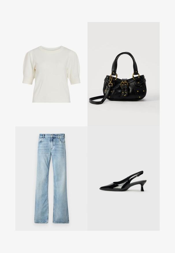 Top de punto blanco de manga corta con cuello redondo y mangas abullonadas. Textura suave y silueta ajustada, adecuado para un uso casual.; Jeans de mezclilla de tiro acampanado en azul claro, con diseño de cinco bolsillos, cierre de botón y un ligero desvanecimiento para un efecto desgastado.; Zapatos de charol negro tipo slingback con punta afilada y tacón bajo. Correa ajustable con hebilla en el tobillo.; Bolso de cuero negro con hebilla y detalles de remaches dorados, asas cortas y una correa de hombro ajustable sobre un fondo blanco liso.