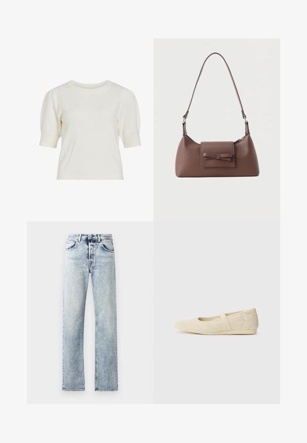 Weißes Kurzarm-Strickoberteil mit rundem Ausschnitt und Puffärmeln. Glatte Textur und figurbetonte Silhouette, geeignet für legere Anlässe.; Hellblaue Denim-Jeans mit gerader Beinform. Merkmale sind fünf Taschen, Gürtelschlaufen und ein ausgefranster Saum am unteren Ende.; Beige Ballerinas aus glattem Leder mit mandelförmiger Zehenpartie und elastischem Riemen über dem Fußrücken, ausgestattet mit dezenten Nähtelementen.; Braune Leder-Umhängetasche mit einer vorderen Klappentasche, die ein gestepptes Schleifendetail und einen verstellbaren Riemen aufweist.