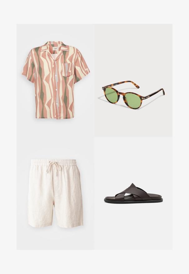 Kurzarmpfeliges Hemd mit einem hellrosa, beigen und grünen Zickzackmuster; enthält eine einzelne Brusttasche und weiße Knöpfe.; Beige Leinen Shorts mit einem elastischen Bund, verstellbarem Kordelzug und seitlichen Taschen. Weicher Stoff mit lockerer Passform.; Stuart Weitzman BERKLEY - Pantolette flach - espresso; Runde Schildpatt-Sonnenbrille mit grünen Gläsern und dünnen Bügeln, mit Tom Ford auf Linse und Rahmen.