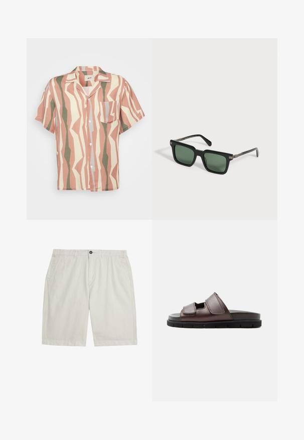 Kortærmet button-up skjorte med et lyserødt, beige og grønt zigzag mønster; inkluderer en enkelt brystlomme og hvide knapper.; Lyse beige knælange shorts med forlommer, bæltestropper, knaplukning og rent, glat stof.; Brun lædersandal med to justerbare velcroremme og en sort polstret sål på hvid baggrund.; Sorte solbriller med rektangulært stel, grøntonede linser og sølvfarvede hængselsdetaljer på hvid baggrund.