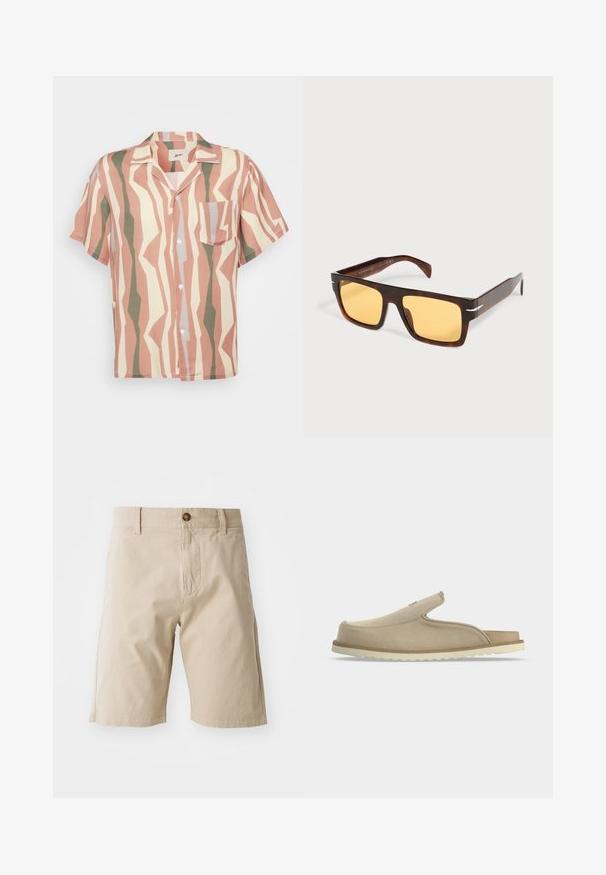 Kortærmet button-up skjorte med et lyserødt, beige og grønt zigzag mønster; inkluderer en enkelt brystlomme og hvide knapper.; Beige bomuldsshorts med knaplukning, bæltestropper og sidelommer; glat tekstur og lige silhuet.; Beige slip-on sandal med lukket tå, åben hæl, blødt ruskindsoverdel og hvid tekstureret gummisål, vist i sideprofil på hvid baggrund.; Rektangulære solbriller i skildpaddemønster med brede stel og gule linser på en hvid baggrund.
