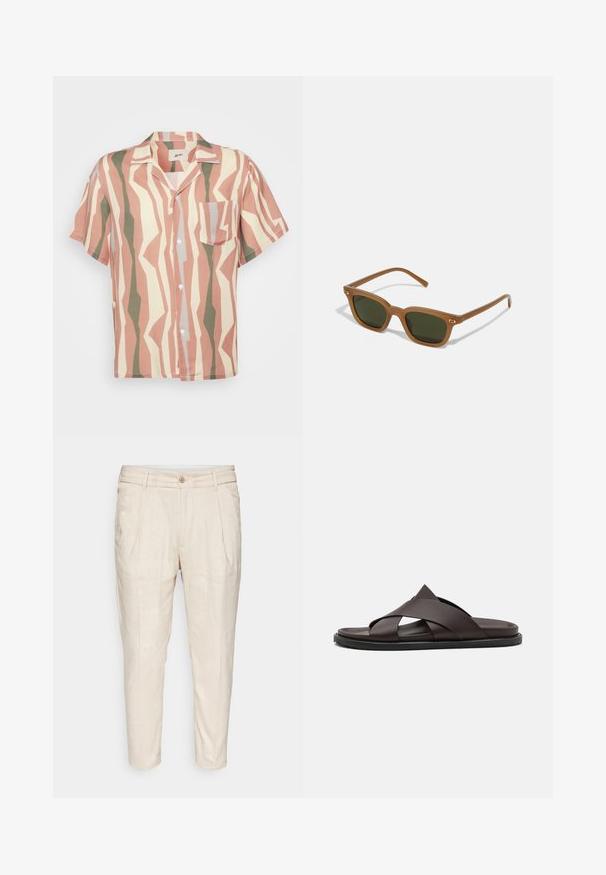 Kurzarmpfeliges Hemd mit einem hellrosa, beigen und grünen Zickzackmuster; enthält eine einzelne Brusttasche und weiße Knöpfe.; Beige Leinenhosen mit einer leicht strukturierten Oberfläche, taillierter Passform, vorderen Falten und einem einzelnen Knopfverschluss an der Taille.; Stuart Weitzman BERKLEY - Pantolette flach - espresso; Braune Acetat-Sonnenbrille mit dunkelgrünen Linsen, rechteckiger Form und goldenen Akzenten an den Bügeln. Glatte Textur, minimalistisches Design.