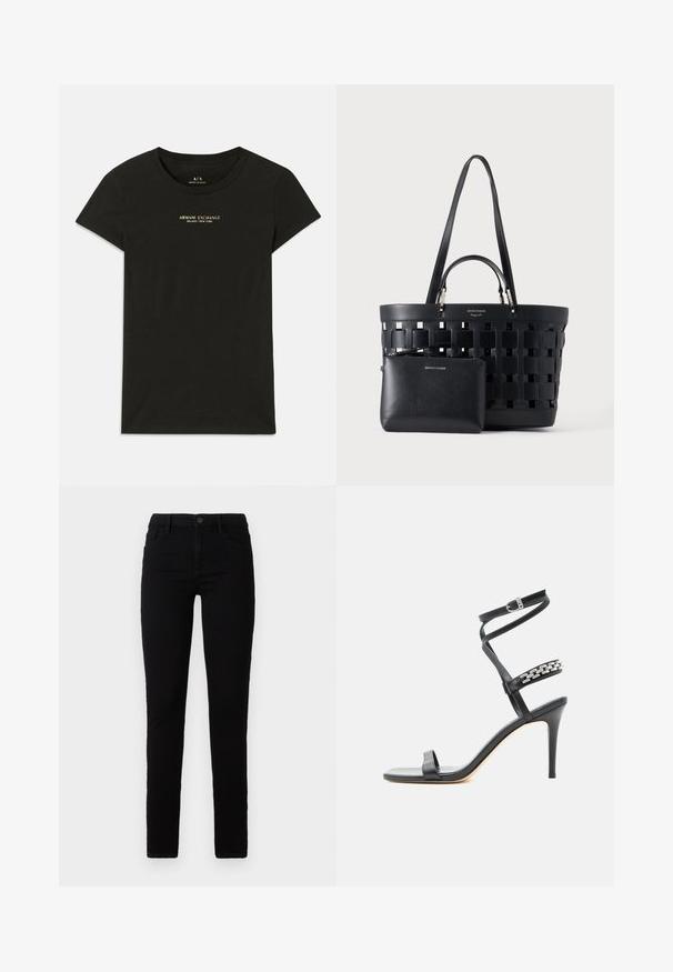 Μαύρο κοντομάνικο T-shirt Armani Exchange με το "Armani Exchange Milano / New York" τυπωμένο με μικρά μπεζ γράμματα στο στήθος.; Μαύρα στενά τζιν, κατασκευασμένα από ύφασμα βαμβακερού με πρόσμειξη. Διαθέτουν πέντε τσέπες, κλείσιμο με κουμπί και εφαρμοστή σχεδίαση. Λείο υφή.; Μαύρο σανδάλι με ψηλό τακούνι, λεπτό λουράκι στον αστράγαλο, λουράκι στη μέση του ποδιού διακοσμημένο με ασημένιες αλυσίδες και ανοιχτή μύτη.; Μαύρη υφασμάτινη τσάντα tote με διπλές λαβές και μια μικρή τσέπη με φερμουάρ μπροστά που ταιριάζει, και τα δύο από δέρμα.