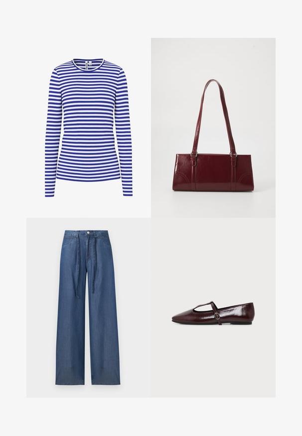 Chemise à manches longues avec des rayures horizontales bleues et blanches et un col rond.; Jean denim bleu taille haute, jambes larges, poches avant, passants de ceinture, fermeture par boutons et longues attaches en tissu pour la ceinture.; Chaussure plate en cuir bordeaux foncé avec un bout pointu et une fine bride en T avec une boucle argentée sur fond blanc.; Sac à main bordeaux en matériau brillant, de forme rectangulaire, avec deux anses et des accents légèrement courbés à l'avant.