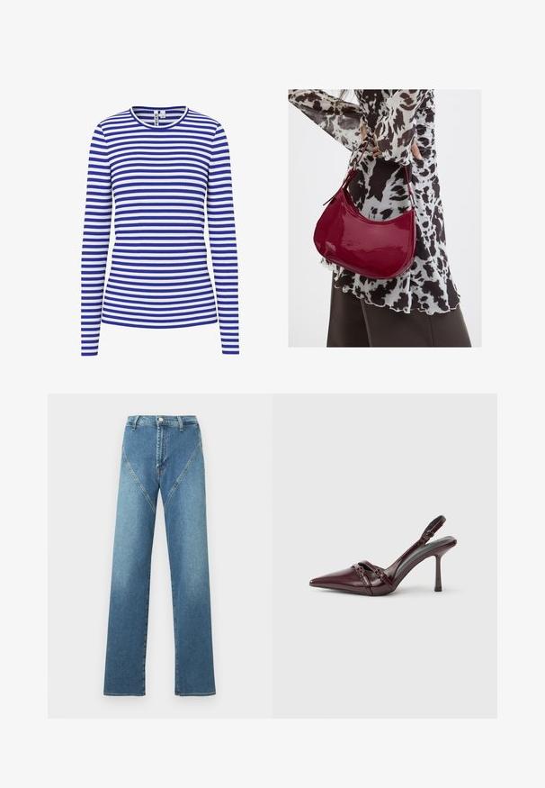 Chemise à manches longues avec des rayures horizontales bleues et blanches et un col rond.; Jean droit bleu clair avec taille haute, présentant des coutures courbes contrastées et cinq poches. Fabriqué en tissu denim.; Escarpin slingback en cuir verni bordeaux avec bout pointu, fine bride à la cheville et petit détail décoratif de boucle. Texture lisse et talon haut.; Femme portant un chemisier à motif noir et blanc tenant un sac à main rouge brillant sur un fond uni.