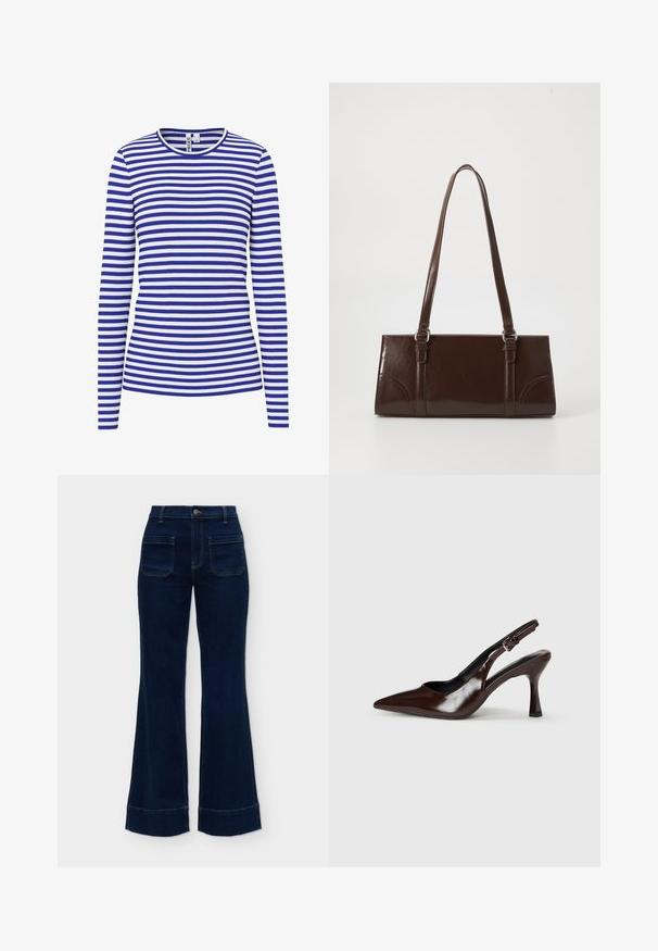 Chemise à manches longues avec des rayures horizontales bleues et blanches et un col rond.; Jean denim bleu foncé taille haute avec jambes larges, poches plaquées à l'avant, passants de ceinture et ourlets revers.; Talons slingback en cuir verni brun avec un bout pointu, un talon fin, et une sangle réglable avec une petite boucle.; Sac à main en cuir verni marron de forme rectangulaire, avec deux longues poignées et des accents courbés subtils à l'avant.