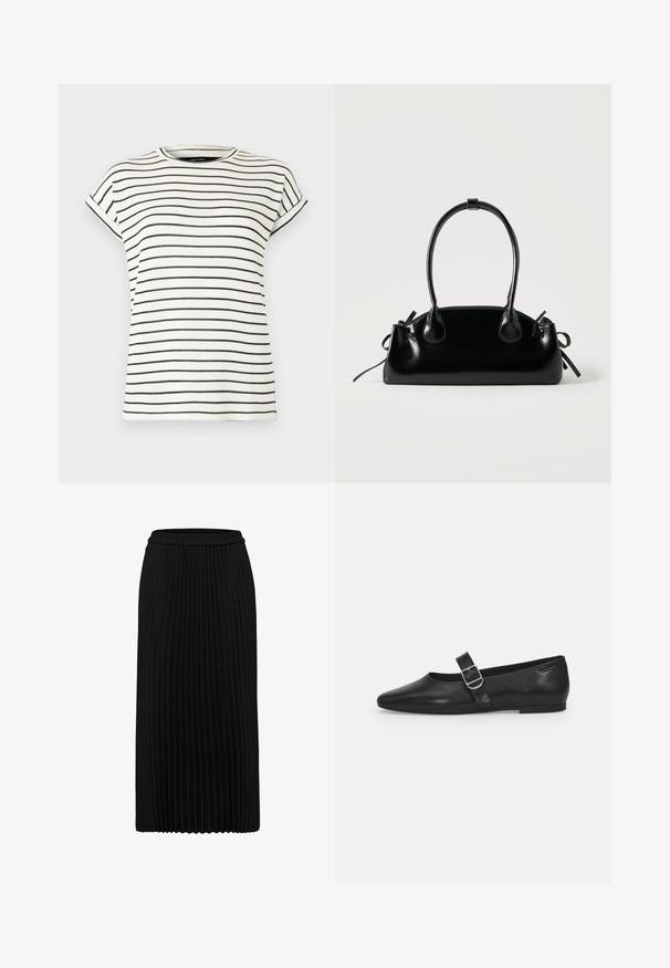 T-shirt blanc à manches courtes avec des rayures noires verticales, col rond et poignets repliés aux manches. Tissu en maille douce.; Jupe midi plissée noire avec taille élastique et plis verticaux, présentée sur fond blanc.; Chaussure plate en cuir noir avec un bout arrondi, une seule sangle réglable à boucle et une texture lisse et brillante. Design minimaliste avec un petit talon.; Petit sac à main noir brillant avec deux longues anses et des détails à cordon sur les côtés sur un fond clair uni.