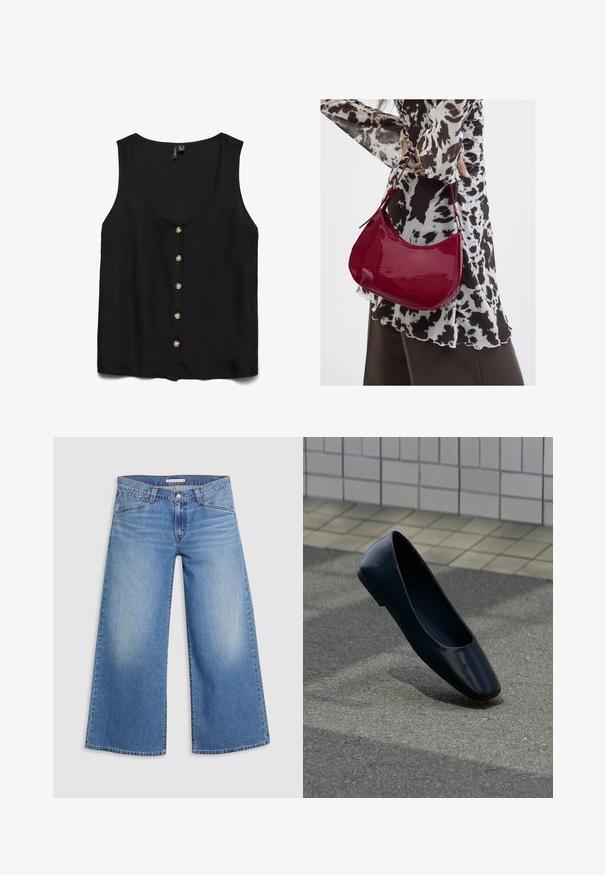 Blusa negra sin mangas con un profundo escote en V, con botones dorados en la parte delantera y un tejido suave y ligero.; Jeans de tiro alto de una tela de mezclilla azul claro y de pierna ancha, con el clásico diseño de cinco bolsillos y un sutil desgastado a lo largo de las piernas.; Zapato plano de cuero negro, de pie verticalmente sobre una superficie de asfalto cerca del borde de una acera con baldosas.; Mujer con blusa de estampado en blanco y negro sosteniendo un bolso de hombro rojo brillante sobre un fondo liso.