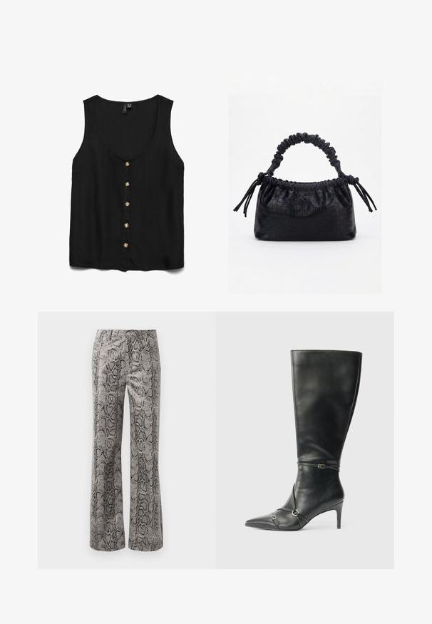 Blusa negra sin mangas con un profundo escote en V, con botones dorados en la parte delantera y un tejido suave y ligero.; Pantalones rectos con patrón de piel de serpiente en negro y gris y cierre frontal de botón sobre un fondo blanco.; Botas negras de cuero hasta la rodilla con tacón delgado, punta afilada y detalles de diseño con correas en el tobillo. Textura suave y diseño ajustado.; Bolso negro con textura de cocodrilo, borde superior fruncido, asa recogida y cordones con borlas en cada lado sobre un fondo blanco.