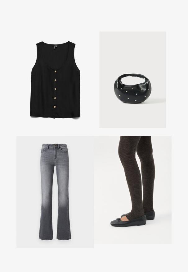 Blusa negra sin mangas con un profundo escote en V, con botones dorados en la parte delantera y un tejido suave y ligero.; Jeans acampanados de tiro alto en denim gris oscuro, con bolsillos frontales, cierre de botón y un sutil desgaste hacia el dobladillo.; Piernas con leggings oscuros acanalados combinados con bailarinas negras que presentan pequeños detalles de lazo sobre un fondo blanco.; Bolso de mano de cuero negro con forma redondeada, decorado con detalles de tachuelas plateadas y un asa corta. Textura lisa y cierre con cremallera.