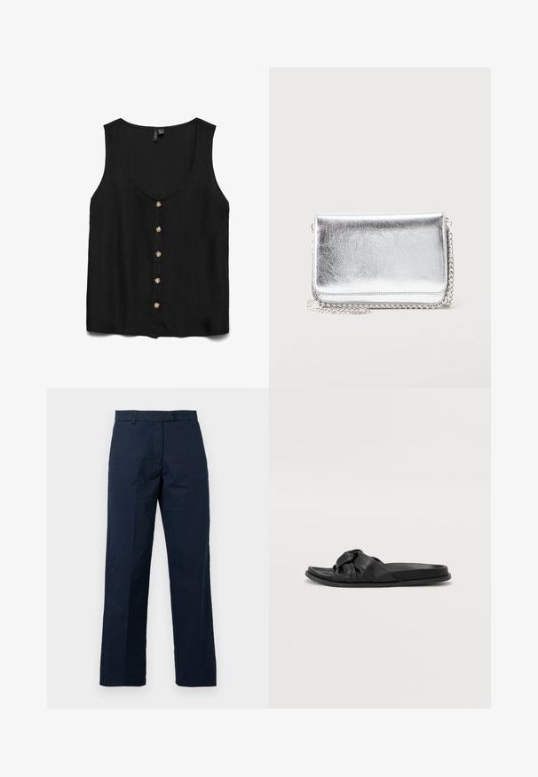 Blouse sans manches noire avec un décolleté en V profond, ornée de boutons dorés sur le devant et d'un tissu lisse et léger.; Pantalons en coton bleu marine avec une coupe droite, front plat et passants de ceinture ; présentent une texture lisse et un détail de pli pressé.; Sandales à glissière noires avec tige en simili cuir nouée, semelle plate en caoutchouc et design élégant adapté à une tenue décontractée.; Petit sac métallique rectangulaire argenté avec une bandoulière chaîne reposant sur une surface claire, rabat fermé face vers l'avant.