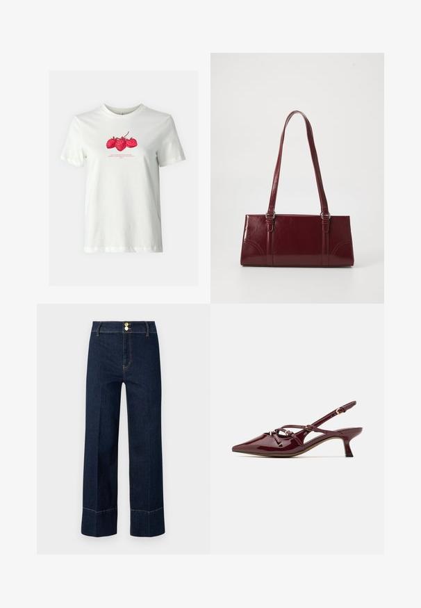 ONLY ONLKATE TEE - T-shirt imprimé - cloud dancer; Jeans taille haute large bleu marine avec double bouton doré et surpiqûres orange visibles sur un fond clair.; Escarpin en cuir verni bordeaux avec nez pointu, petit talon, détails de bride décoratifs et finition brillante.; Sac à main bordeaux en matériau brillant, de forme rectangulaire, avec deux anses et des accents légèrement courbés à l'avant.