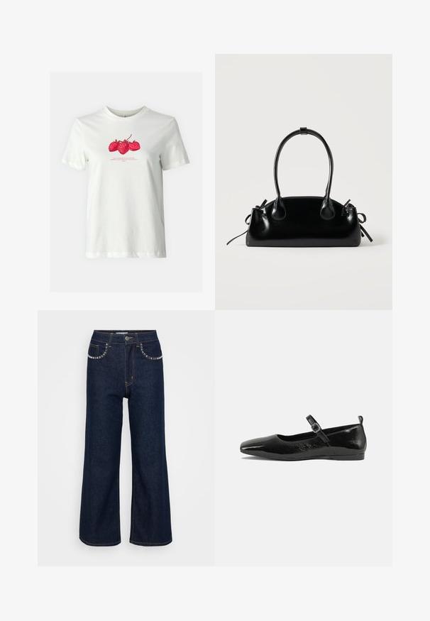 ONLY ONLKATE TEE - T-shirt imprimé - cloud dancer; Jean large bleu foncé en denim, avec taille haute, deux poches avant ornées de coutures décoratives et une fermeture à un bouton.; Chaussure plate en cuir verni noir avec un bout pointu, une sangle de cheville avec boucles, et une texture lisse et brillante. Talon bas pour le confort.; Petit sac à main noir brillant avec deux longues anses et des détails à cordon sur les côtés sur un fond clair uni.