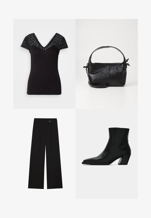 T-shirt noir à col en V avec des manches courtes en dentelle. Tissu lisse avec des détails en dentelle sur les épaules et des bords festonnés le long de l'encolure.; Pantalons larges noirs en tissu lisse, avec une taille haute et deux boutons frontaux. Taille ajustée et design longueur complète.; Bottine en cuir noir avec un bout pointu, une silhouette élégante et un talon carré massif. Texture lisse avec des détails de couture minimalistes.; Sac à main en cuir noir au design structuré, avec une poignée arrondie et une bandoulière amovible. Présente une texture lisse et un éclat subtil.