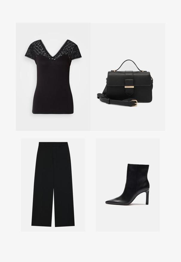 T-shirt noir à col en V avec des manches courtes en dentelle. Tissu lisse avec des détails en dentelle sur les épaules et des bords festonnés le long de l'encolure.; Pantalons noirs à jambe large en tissu lisse. Dotés d'une taille plate avec passants de ceinture et sans poches visibles. Design simple.; Zign Bottines à talons hauts - black; Sac à main en cuir noir avec des accents métalliques dorés, forme rectangulaire, fermeture à rabat, bandoulière réglable, texture lisse, design minimaliste.