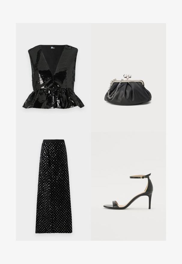 Sort pailletetop med dyb V-udskæring, ærmeløs design og peplum-omstilling. Har en glat indvendig foring og en skinnende, reflekterende tekstur.; Sort velour maxi nederdel prydet med et diamanthulmønster, der har en glat talje og en lige silhuet.; Sort læder højhælede sandaler med ankelrem. Har en glat tekstur, åben tå og en tynd hæl. Guldtonet spænde detalje.; Sort læder clutch med samlet tekstur, sølvfarvet metalramme, kys-lås lukning og kædestrop. Glat, blød overflade.