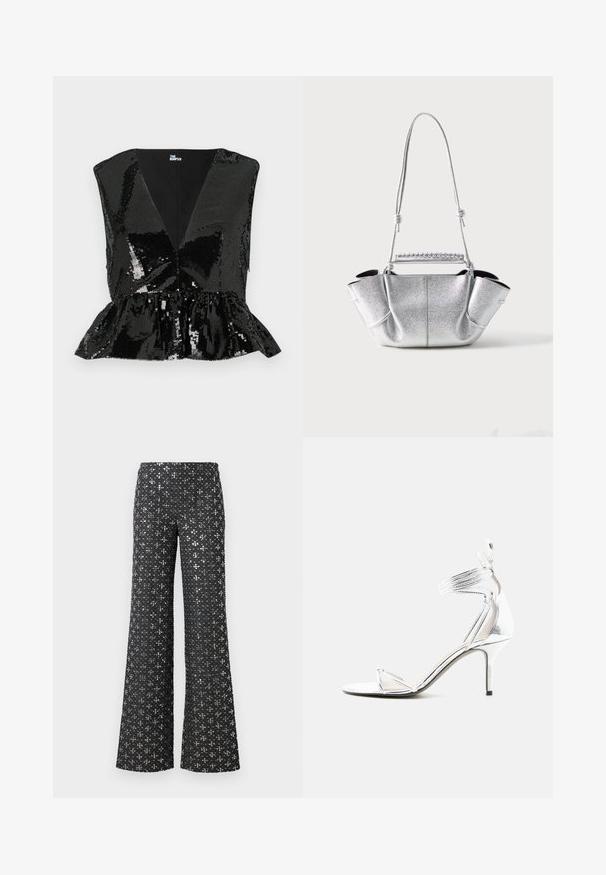 Sort pailletetop med dyb V-udskæring, ærmeløs design og peplum-omstilling. Har en glat indvendig foring og en skinnende, reflekterende tekstur.; Sorte bukser med bred benåbning, der har en paillettekstur med sølvaccenter, hvilket skaber et mønstrets udseende over hele stoffet.; Sølv højhælede sandal med tynde stropper, ankelrem og slank stiletthæl på en ensfarvet hvid baggrund.; Sølvfarvet tekstureret håndtaske med en blød form, to tynde skulderstropper med knuder og et snoet håndtag øverst.