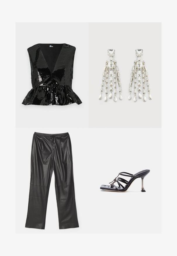 Sort pailletetop med dyb V-udskæring, ærmeløs design og peplum-omstilling. Har en glat indvendig foring og en skinnende, reflekterende tekstur.; Proenza Schouler White Label STRAIGHT LEG PANTS - Bukser - black; Sort højhælet sandal med stropper, firkantet tå og tynd stilet hæl, med overlappende stropper og en knudedetalje på overdelen.; Sølvfarvede chandelier øreringe med firkantede studs, runde perler og hængende kæde-strenge der ender i dråbeformede charms.