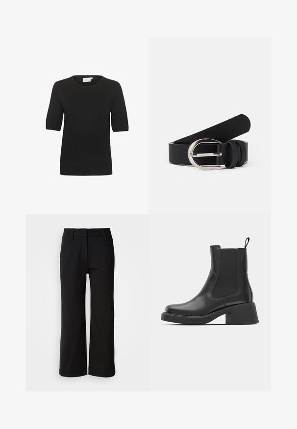 Top en maille noir à manches courtes avec un col rond. Présente une texture lisse et un design simple. Étiquette visible au niveau du cou.; Pantalons larges noirs en tissu lisse. Présente une taille plate, des passants de ceinture et un ourlet propre sans poches ni fermetures visibles.; Bottines en cuir noir avec des panneaux élastiques sur les côtés, un bout rond et un talon épais. Texture lisse avec un design minimaliste.; Ceinture en cuir noir avec une texture lisse, dotée d'une boucle en métal argenté et de simples accents en boucle. Son design est épuré et minimaliste.