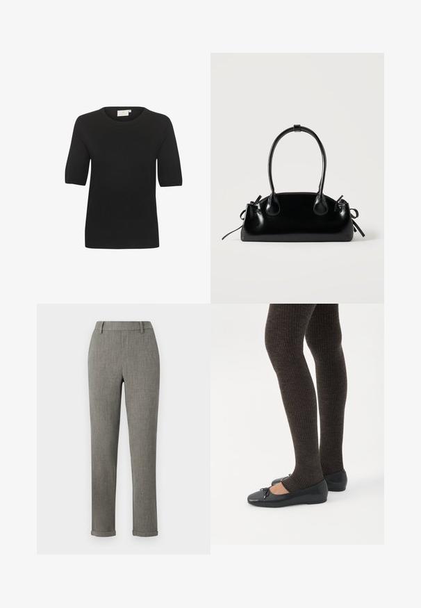 Top en maille noir à manches courtes avec un col rond. Présente une texture lisse et un design simple. Étiquette visible au niveau du cou.; Pantalon slim fit gris confectionné avec passants de ceinture et ourlets retroussés, adapté pour une tenue formelle ou de bureau.; Jambes portant des leggings côtelés foncés associés à des ballerines noires avec de petits détails en nœud sur fond blanc.; Petit sac à main noir brillant avec deux longues anses et des détails à cordon sur les côtés sur un fond clair uni.