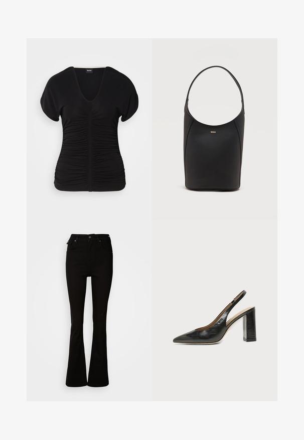 Haut noir à manches courtes avec un décolleté en V et une texture froncée sur le devant, fabriqué en tissu extensible. Il présente un ourlet droit.; Jean noir évasé en denim, avec une taille haute, des poches avant, et un design classique à cinq poches avec des accents en métal.; Chaussure slingback en cuir noir à bout pointu avec un talon bloc haut et une doublure intérieure beige sur un fond clair uni.; Sac seau en cuir noir avec une seule bandoulière et un petit logo BOSS doré centré près du haut à l'avant.