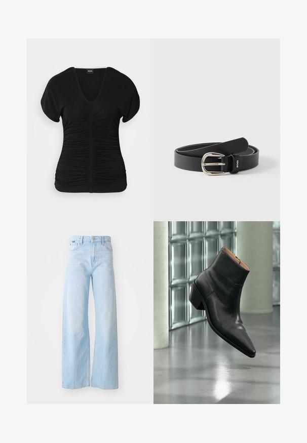 Schwarzes Kurzarmoberteil mit V-Ausschnitt und geraffter Textur an der Vorderseite, aus dehnbarem Stoff gefertigt. Verfügt über einen geraden Saum.; Helleblaue weit geschnittene Jeans aus Denim mit hoher Taille, Fronttaschen, Knopfverschluss und gestepptem Saumdetails.; Schwarzer Leder-Stiefelette mit spitzer Schuhspitze und Blockabsatz, der über einem reflektierenden grauen Boden nahe einer Glassteinwand schwebt.; Schwarzer Ledergürtel mit silberner runder Schnalle und kleinem „BOSS“-Logo an der Gürtelschlaufe, zusammengerollt vor einfarbig hellem Hintergrund.