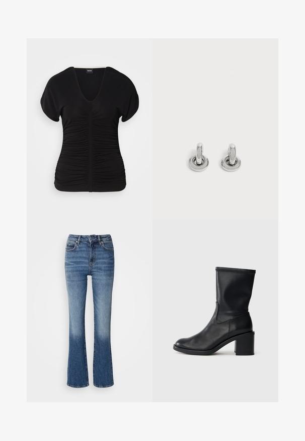 Haut noir à manches courtes avec un décolleté en V et une texture froncée sur le devant, fabriqué en tissu extensible. Il présente un ourlet droit.; Jean flare en denim avec un dégradé de bleu clair à foncé, taille haute, cinq poches et un léger délavage sur le bas des jambes.; Botte en cuir noir à cheville avec un bout rond, texture lisse et un talon épais, présentant un tige ajustée et un subtil détail de couture.; Paire de petites boucles d'oreilles créoles argentées brillantes avec une base ronde, présentées sur un fond clair uni.