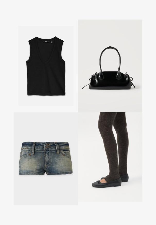 Haut noir sans manches en tricot côtelé avec un col en V profond et une coupe ajustée, posé à plat sur un fond blanc.; Short en denim bleu délavé avec coutures apparentes, passants de ceinture, poches avant et fermeture à double bouton, présenté sur un fond uni.; Jambes portant des leggings côtelés foncés associés à des ballerines noires avec de petits détails en nœud sur fond blanc.; Petit sac à main noir brillant avec deux longues anses et des détails à cordon sur les côtés sur un fond clair uni.