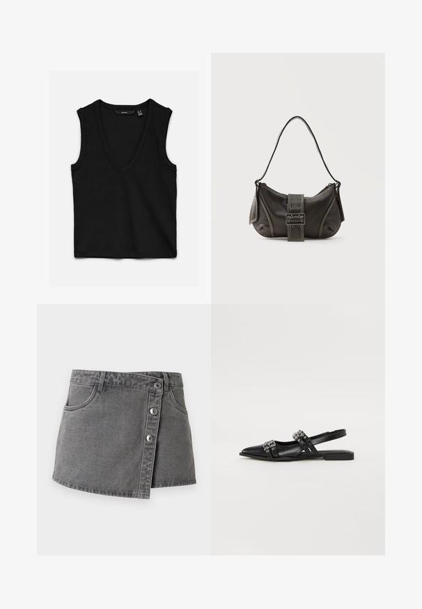 Haut noir sans manches en tricot côtelé avec un col en V profond et une coupe ajustée, posé à plat sur un fond blanc.; Mini-jupe en denim gris avec fermeture par boutons sur le devant, passants pour ceinture et poches avant, présentée sur fond blanc.; Even&Odd Ballerines à brides arrière - black; Sac à épaule en cuir noir avec une sangle à boucle, des bords arrondis et des coutures blanches contrastées sur un fond uni.
