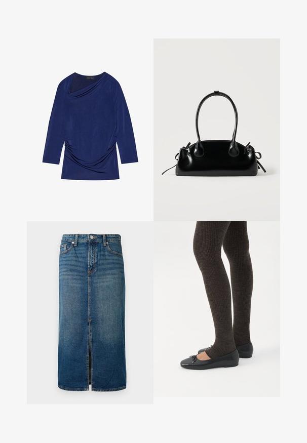 Mørkeblå langærmet top med draperet halsudskæring, samlet sideskildring og blødt, strækbart stof. Mærket siger "ANNA FIELD."; Mørkeblå denim midi-skjørt med en frontslids, fem lommer og kontrastsyning. Har en knap- og lynlåslukning i taljen.; Ben iført mørke ribbede leggings kombineret med sorte balletsko med små sløjfedetaljer på hvid baggrund.; Lille sort blank håndtaske med to lange håndtag og snøre-detaljer i siden på en ensfarvet lys baggrund.