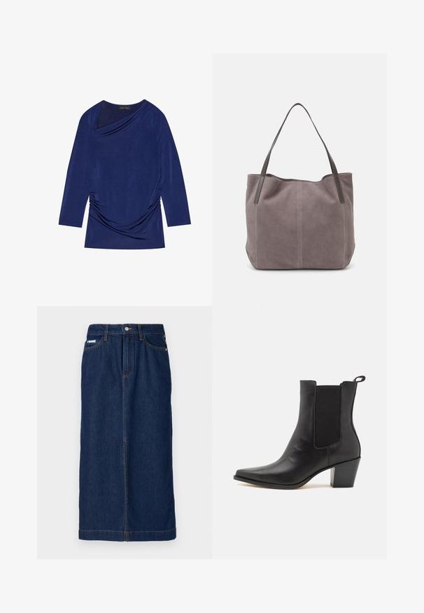 Navyblauw long sleeve top met gedrapeerde halslijn, geplooid zijdetail en zachte, rekbare stof. Etiket zegt "ANNA FIELD."; Donkerblauwe denimrok met een rechte snit, voorzien van oranje stiksels, een tailleband met lussen voor een riem en voorkantzakken.; Dolce Vita SHADIE - Lage laarzen - black; Grijze suède tote bag met twee donkere leren hengsels. Kenmerkt zich door gestikte details aan de zijkanten, een zachte textuur en een ruime opening.