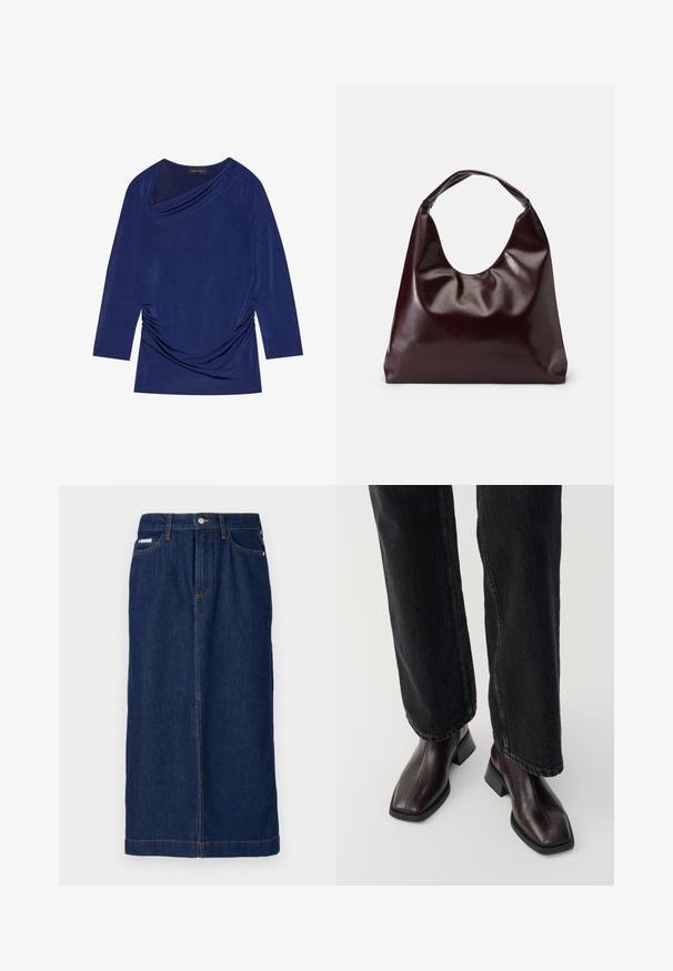 Mørkeblå langærmet top med draperet halsudskæring, samlet sideskildring og blødt, strækbart stof. Mærket siger "ANNA FIELD."; Jeans nederdel i mørkeblå med lige skæring, har orange stikninger, en talje med bæltestropper og forlommer.; Brune læder ankelstøvler med firkantet tå og blokhæl, parret med sorte brede jeans. Glat tekstur og minimalistisk design.; Bordeaux, skinnende vegansk læder tote taske med en blød, skulpturel form og et bredt, buet håndtag for nem bæring.