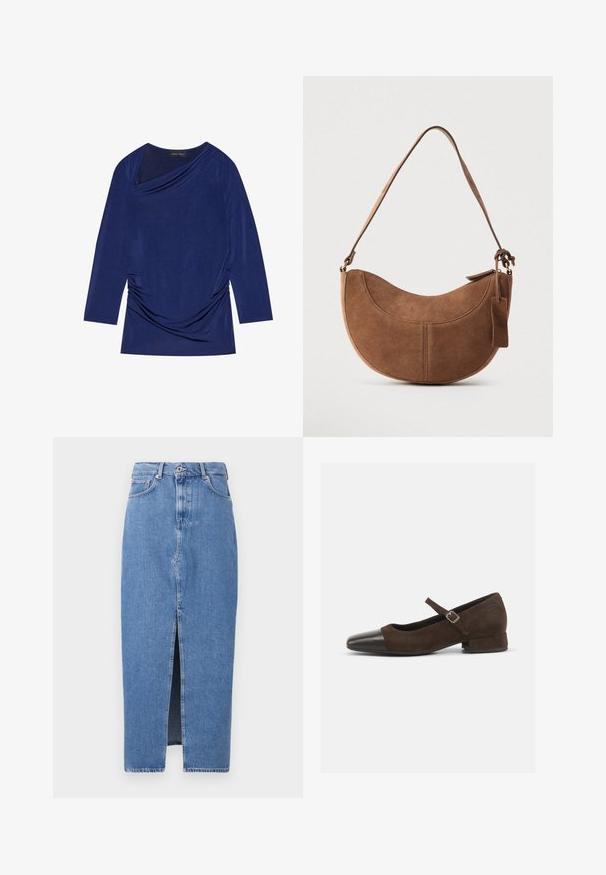 Navyblauw long sleeve top met gedrapeerde halslijn, geplooid zijdetail en zachte, rekbare stof. Etiket zegt "ANNA FIELD."; Lichtblauwe denim midi-jurk met een voorkant split, klassieke vijf zakken ontwerp en sluiting met bovenste knoop. De stof heeft een lichte textuur.; Bruine suède Mary Jane-schoen met een zwarte lakleren neuskap, een verstelbare band en een lage blokhak. Gladde textuur met minimale accenten.; Bruine suède handtas met een gebogen, halve maanvorm. Voorzien van een schouderriem, een klein label en zichtbare stiksels langs de randen.