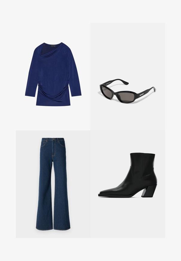 Mørkeblå langærmet top med draperet halsudskæring, samlet sideskildring og blødt, strækbart stof. Mærket siger "ANNA FIELD."; Abercrombie & Fitch Jeans Relaxed Fit - rinse; Sortlæder ankelstøvle med spids tå, en slank silhuet og en kraftig firkantet hæl. Glat tekstur med minimale stikninger.; Sorte solbriller med rektangulært stel, mørke linser, glat plastmateriale og en metalaccent på templet.