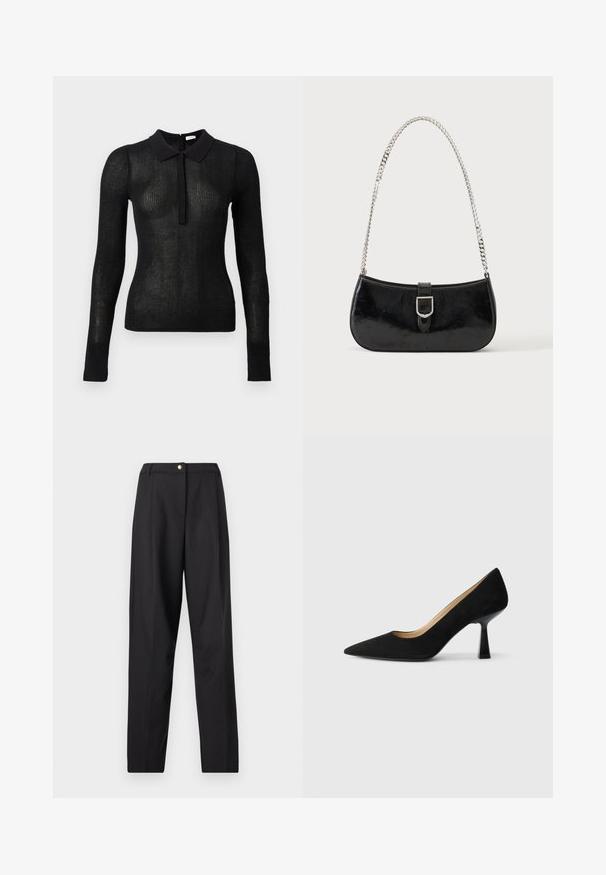 Haut en tricot noir à manches longues, ajusté, avec une texture transparente et un col uni, patte de boutonnage à l'avant, présenté sur un fond uni.; Pantalon noir taille haute, coupe droite, avec une fermeture à bouton unique en or à la taille.; Pompe à talons hauts en suède noir avec un bout pointu, dotée d'un talon bloc noir brillant et d'une doublure intérieure lisse.; Sac à épaule en cuir verni noir avec détail de boucle argentée et bandoulière en chaîne argentée, présenté sur un fond uni clair.