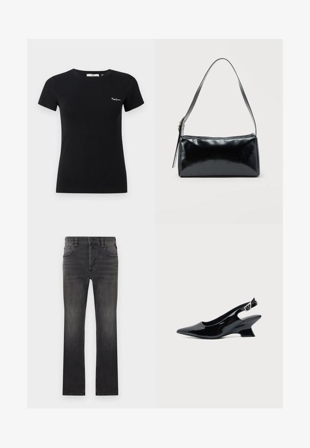 T-shirt noir ajusté à manches courtes avec col rond et petit logo blanc « Pepe Jeans » sur la poitrine gauche.; Jean en denim noir à coupe droite, cinq poches, et délavage subtil. Comprend une fermeture par bouton et des coutures contrastantes le long des coutures.; Chaussure slingback en cuir verni noir avec bout pointu et petit talon bloc incliné sur fond clair uni.; Sac d'épaule rectangulaire noir avec une sangle réglable unique et une fermeture éclair supérieure sur un fond uni.