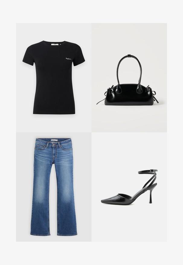 Schwarzes, tailliertes T-Shirt mit kurzen Ärmeln, Rundhalsausschnitt und kleinem weißem "Pepe Jeans"-Logo auf der linken Brust.; Hellblaue Denim-Jean im ausgestellten Schnitt mit klassischem Fünf-Taschen-Design, genähten Nähten und einem leicht ausgewaschenen Finish an Oberschenkeln und Knien.; Schwarzer spitzer High Heel mit dünnen Knöchelriemen und silberner Schnalle auf einfachem hellem Hintergrund.; Kleine schwarze glänzende Handtasche mit zwei langen Griffen und seitlichen Kordelzug-Details vor einfachem hellem Hintergrund.