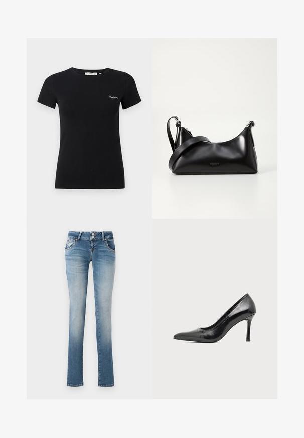 Schwarzes, tailliertes T-Shirt mit kurzen Ärmeln, Rundhalsausschnitt und kleinem weißem "Pepe Jeans"-Logo auf der linken Brust.; Hellblaue Denim-Jeans mit geradem Bein, ausgestattet mit einem Zwei-Knopf-Verschluss, zwei Vordertaschen und einem verblichenen Finish an den Knien.; Schwarzer Damenspitzschuh aus Lackleder mit spitzer Zehenpartie und schlankem Absatz auf hellem, schlichter Hintergrund.; Schwarze lederne Handtasche mit glatter Textur. Verfügt über einen verstellbaren Riemen und ein elegantes, minimalistisches Design mit einem Reißverschluss.