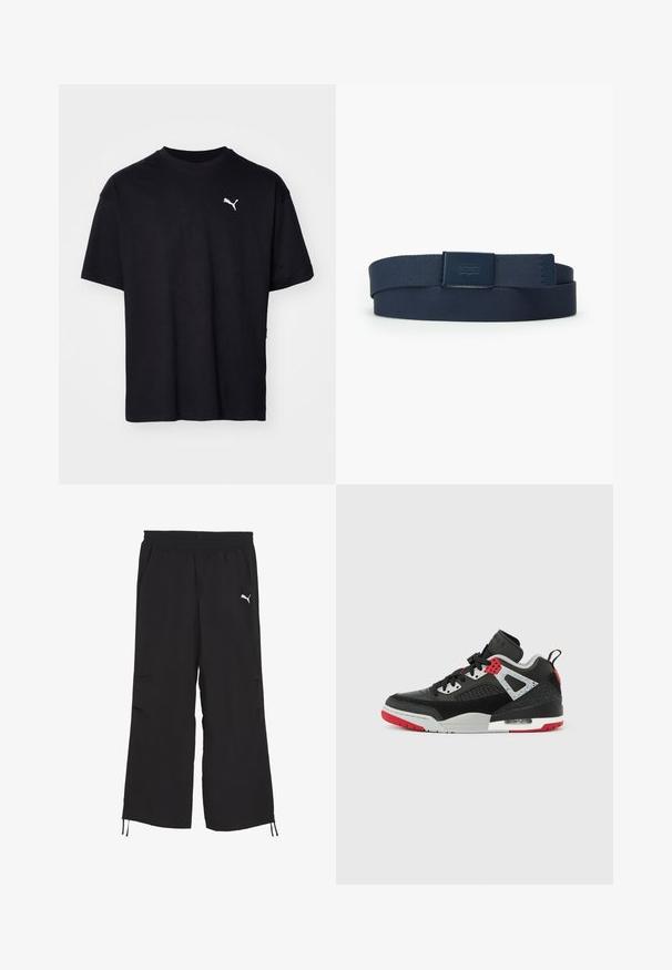 Camiseta de algodón negra de manga corta, con escote redondo y un logo blanco de Puma en la parte superior izquierda del pecho. Corte clásico, textura suave.; Pantalones deportivos negros hechos de material liviano, con una cintura elástica, dos bolsillos laterales y un pequeño logo blanco en el frente.; Zapatilla deportiva de cuero negro y malla con detalles en gris y rojo, y unidad de aire visible. Cuenta con cierre de cordones y paneles laterales texturizados.; Cinturón de tela azul marino con una textura suave, que cuenta con una hebilla rectangular de plástico con logo en relieve. Tamaño ajustable para un ajuste versátil.