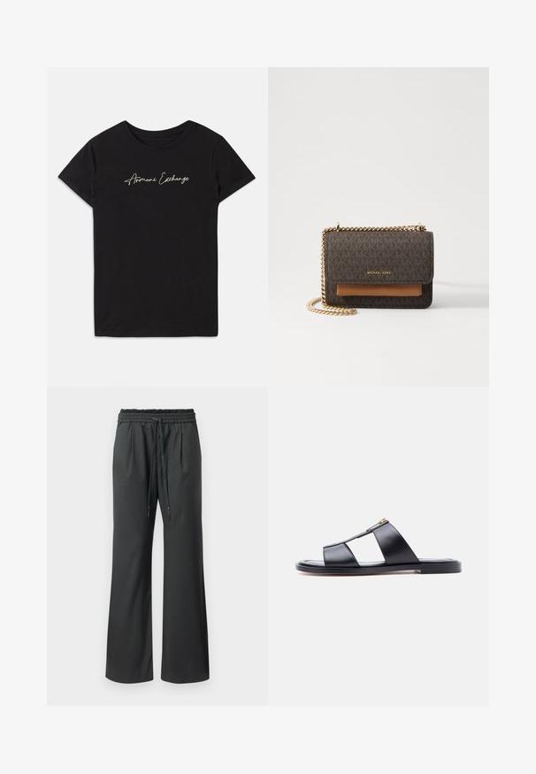 Sort bomulds T-shirt med korte ærmer og rund halsudskæring, prydet med et kursiv "Armani Exchange" logo i hvid.; Sorte bukser med vidde, elastisk talje og lange snortræk, præsenteret på en ensfarvet hvid baggrund.; Sort flad slide-sandal med to brede læderremme og en lille guldbøjle på lys grå baggrund.; Brun mønstret håndtaske med en guld kædestropp og tan læderdetaljer. Har en magnetisk klaplukning. Producent: Michael Kors.