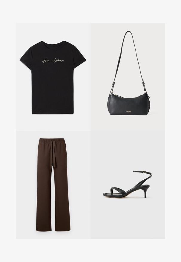 Sort bomulds T-shirt med korte ærmer og rund halsudskæring, prydet med et kursiv "Armani Exchange" logo i hvid.; Brune breddebenbukser med elastisk talje og justerbar snøre. Har sidelommer og en glat tekstur.; Sort damesandal i læder med tynde remme, en tå-loop, ankelspænde og en mellemhøj stiletthæl på en neutral baggrund.; Lille sort læder skuldertaske med justerbar rem og gyldent lynlås, med subtilt gyldent brandtekst foran.