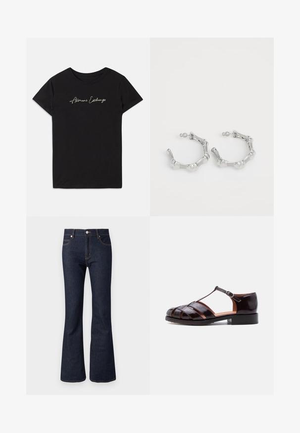 Sort bomulds T-shirt med korte ærmer og rund halsudskæring, prydet med et kursiv "Armani Exchange" logo i hvid.; Mørkeblå denim jeans med vidde ved benene og højtaljet, med synlige syninger, forreste knaplukning og standard design med fem lommer.; Sort laklæder T-rem fiskersko med lukket tå, spænde lukning, lav hæl og vævet udskæringsdesign.; Sølv hoops øreringe med en struktureret, klumpet design. Fremstillet af metal, med en sikker stiftlås og en poleret overflade.